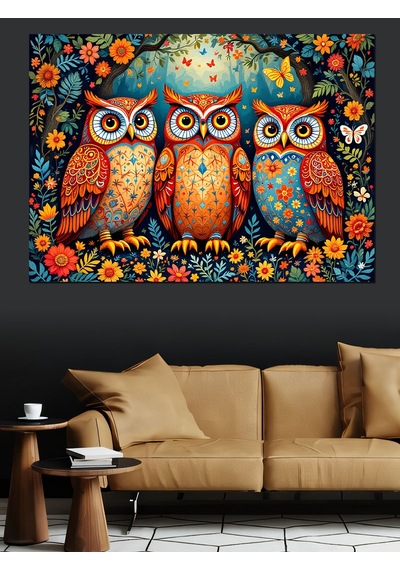Renkli Baykuş Ailesi Dekoratif Kanvas - Mdf Ahşap Tablo
