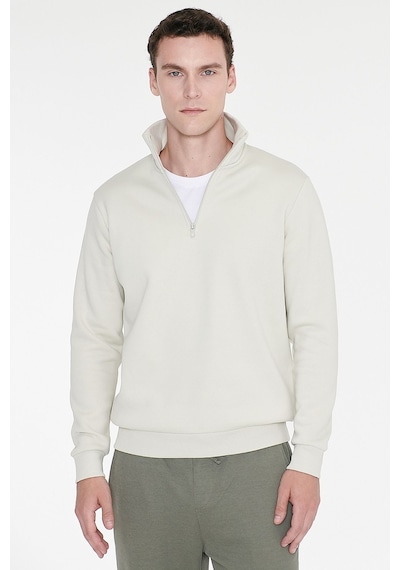 AC&Co / Altınyıldız Classics Standart Fit Normal Kesim İçi Polarlı Bato Yaka Pamuklu Erkek Sweatshirt Bej