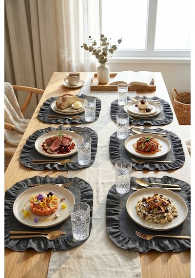 Pamuklu Fırfırlı Kare Supla 6'lı Set Amerikan Servis 33 Cm Supla Gri