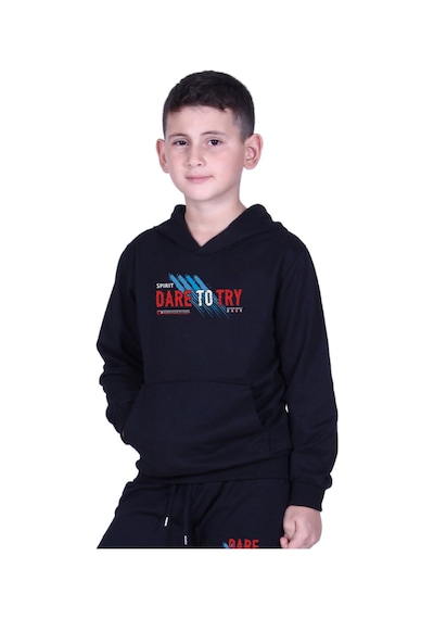 Fyk Kids Erkek Çocuk Baskılı Kanguru Cepli Kapüşonlu 2li Eşofman Takımı Siyah - Füme