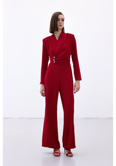 Sateen Fiyonk Aksesuarlı Krep Tulum - Kırmızı-136702 Kırmızı