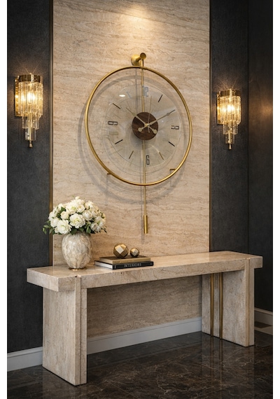 Metaquartz Aksesuar Masif - Luxry Şefaf Tamperli Kırılmaz Cam - 50 Çap - Quartz Mekanizma - Metal Duvar Saati Gold