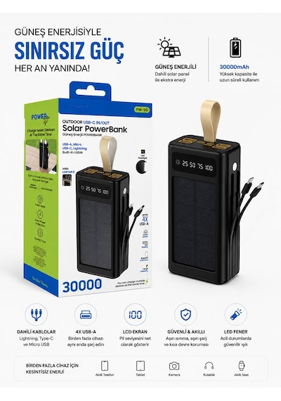 30000mah Güneş Enerjili Powerbank Lcd Ekran Usb Type-c Lightning Dahili Kablolu Taşınabilir Şarj Siyah
