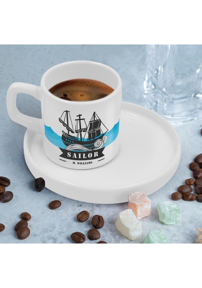 Bk Gift Kişiye Özel Sunum Tabaklı Denizci Tasarımlı Kahve Fincanı-4, Sevgiliye Hediye, Arkadaşa Hediye, Denizciye Hediye Kobitmeyen137804 Bk Gift