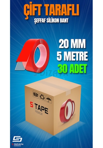 S-dizayn Çift Taraflı Bant 20mm X 5 Metre Şeffaf Silikon Vhb Bant 30'lu Koli A+kalite 20 MM x 5 M