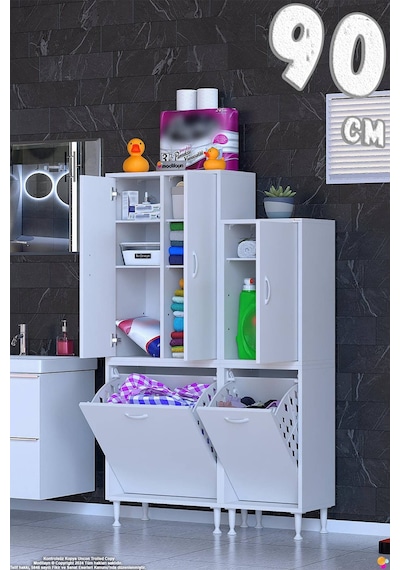 Ohbe 55 + 35cm Genişlik 160cm Boy 32,5cm Derinlik Kirli Sepetli 3 Kapaklı Çok Amaçlı Banyo Dolabı Beyaz Ohbe 55 + 35cm Genişlik 160cm Boy 32,5cm Derinlik Kirli Sepetli 3 Kapaklı Çok Amaçlı Banyo Dolabı Beyaz
