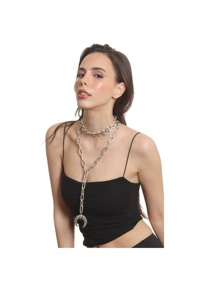 Labalaba Kadın Antik Gümüş Kaplama 2' Li Burgulu Ay Uçlu Kolye& Choker Gümüş