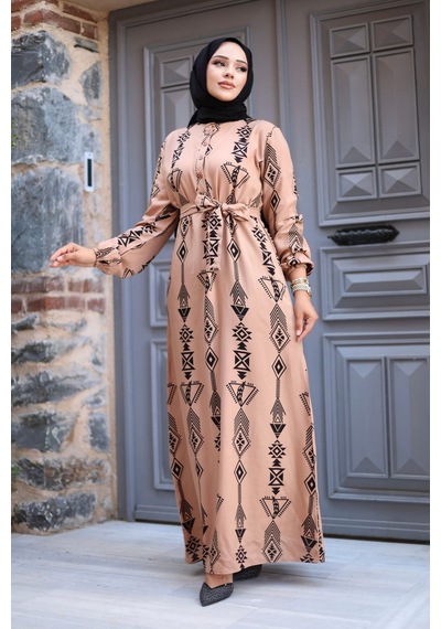 Hira Life Fashion Kadın Tesettür Geometrik Desen Önü Düğmeli Ve Bel Kuşaklı Viskon Elbise Vizon Vizon Hira Life Fashion Kadın Tesettür Geometrik Desen Önü Düğmeli Ve Bel Kuşaklı Viskon Elbise Vizon Vizon