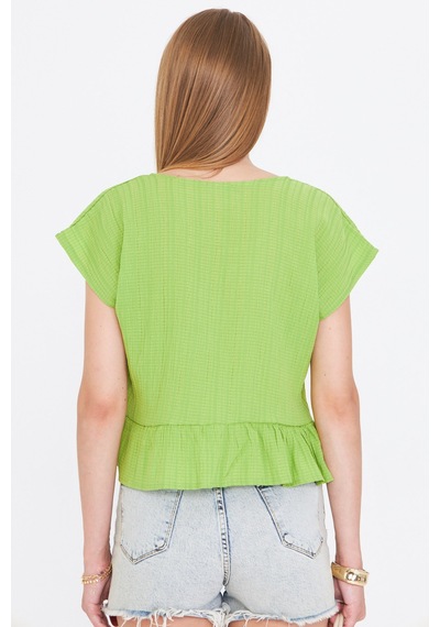 Armonika Kadın Fıstık Yeşili Yarasa Kol Yakası Bağlamalı Eteği Fırfırlı Oversize Crop Bluz Arm-24y001088 Armonika Kadın Fıstık Yeşili Yarasa Kol Yakası Bağlamalı Eteği Fırfırlı Oversize Crop Bluz Arm-24y001088