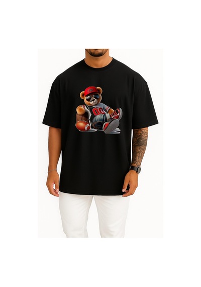 Bahriyeli Collection Oversize Havalı Teddy Ayıcık Göğüs Tasarımlı Unisex T-shirt Siyah