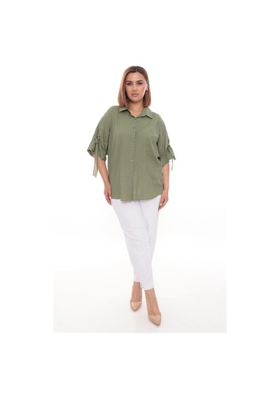 Lady Majestic Cotton Büyük Beden Kadın Pamuklu Gömlek Rahat Kesim, Düğmeli, Volan Kol Detaylı Haki Lady Majestic Cotton Büyük Beden Kadın Pamuklu Gömlek Rahat Kesim, Düğmeli, Volan Kol Detaylı Haki