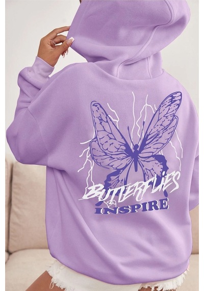 Uyguntarz Unisex Butterfly & Letter Graphic Baskılı Sweatshirt Lila
