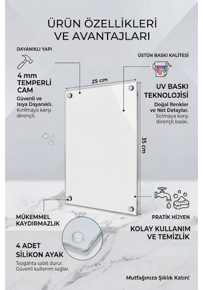 Nora Model İnce Mermer Desenli Cam Kesim Tahtası - 25x35cm - Dayanıklı Ve Pratik Kesim Matı Ekru