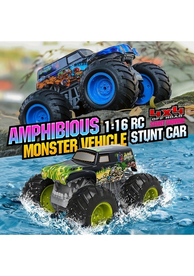 Suda Karada Gidebilen Takla Atan Kumandalı Sarjlı Işıklı Monster Trucks 4x4 25 Cm 8 Km Hız Yeşil
