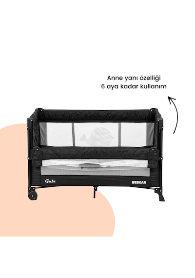 Gulz Beskar Anne Yanı Sallanır Cibinlikli Dönenceli Alt Açmalı Oyun Parkı Bebek Beşik 70x120 Cm Siyah