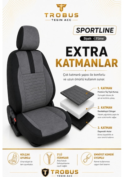 Volkswagen Beetle 2012-2016 Uyumlu Sportline Serisi Füme Siyah Oto Koltuk Kılıfı