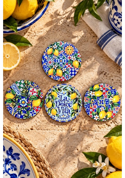 La Dolce Vita Sicilya İtalyan Majolika Çini Desenli Limon Temalı, 4 Lü Bardak Altlığı Set 9 Cm, 3 Mm Ahşap Mdf, Dijital Baskı - 934205522 Diğer