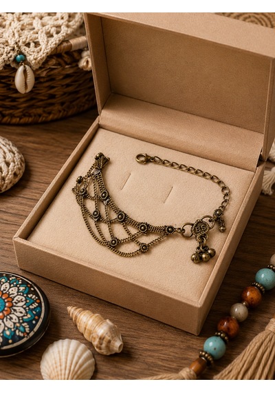 Bohem Antik Bronz Katmanlı Zincir Halhal Etnik Vintage Tasarım Kadın Halhal Çok Renkli