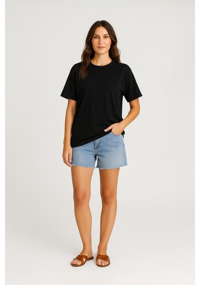Markapia Kadın Bisiklet Yaka OversizePamuk T-shirt Kremit