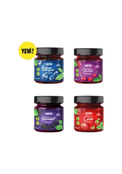 Şeker İlavesiz 4'lü Reçel Seti Yaban Mersini, Vişne, Karadut, Çilek - %65 Meyveli 4 X 275g
