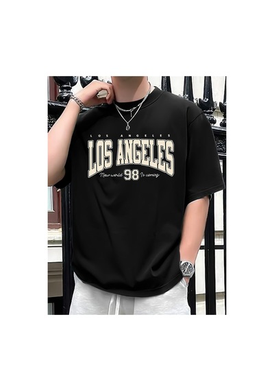 Caddemia Yaz Moda Rahat Gevşek Artı Boyutu Los Angeles 98 Baskılı Spor Yuvarlak Boyun Siyah 2XL Caddemia Yaz Moda Rahat Gevşek Artı Boyutu Los Angeles 98 Baskılı Spor Yuvarlak Boyun Siyah 2XL