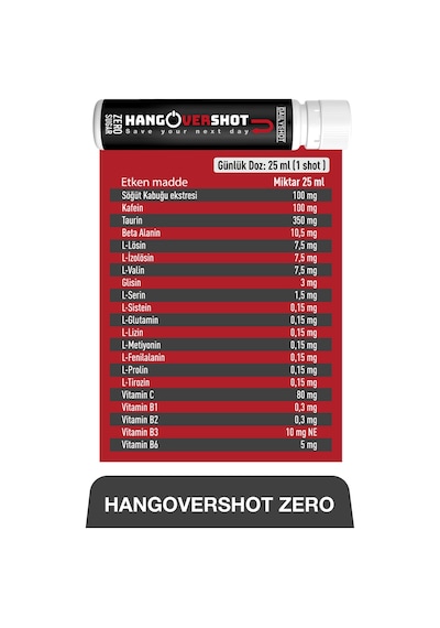Hangovershot Zero Kafein, Taurin, Vitamin Ve Aminoasitler İçeren Gıda Takviyesi Şekersiz 2x4 Shot