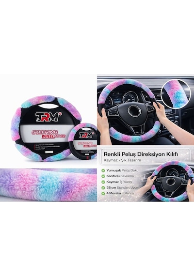 Renkli Peluş Direksiyon Kılıfı - 38 Cm - Kaymaz Şık Tasarım Çok Renkli