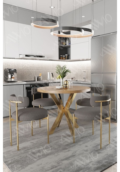 Avvio Frame Mat Gold Ayak 4'lü Teddy Sandalye 90x90 Masa Sandalye Takımı Sandalye Bukle Kumaş Akça