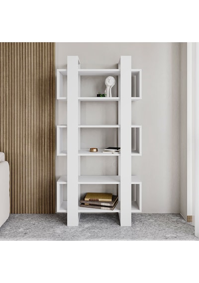 Milano Kitaplık, Raflı Kitaplık, Kütüphane, Çalışma Odası, Ev-ofis, Beyaz - Beyaz Beyaz