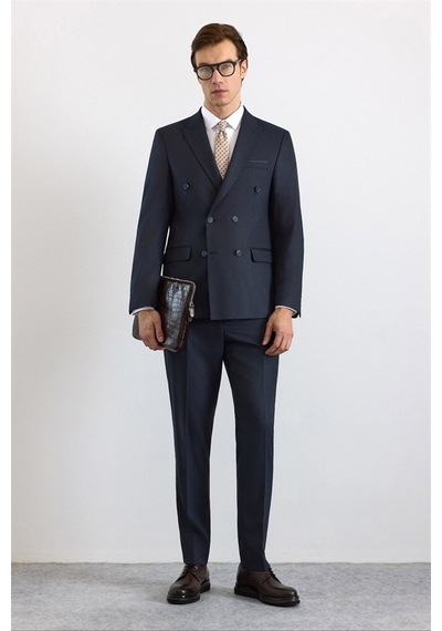 Süvari Lacivert Slim Kruvaze Yaka Düz Pike Torba Cep Yıkamalı 6 Drop Takım Elbise Tk1006900397-m09