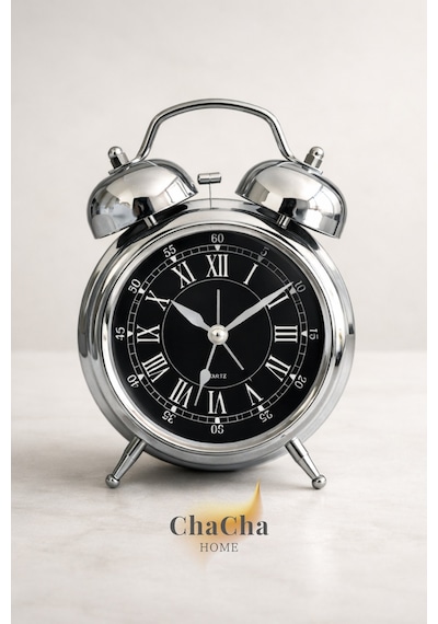 Chacha Home Eterna Bell Vintage Metal Çalar Saat & Premium Masaüstü Dekoratif Obje 22x16 Cm Gümüş