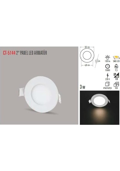 Ct-5144-g Panel Led Slim Yuvarlak Spot 3 W 3000k Gun Işığı Beyaz Gövde Beyaz