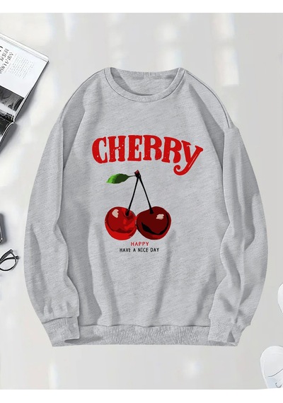 Uyguntarz Unisex Happycherry Tasarım Basklı Sweatshirt Gri