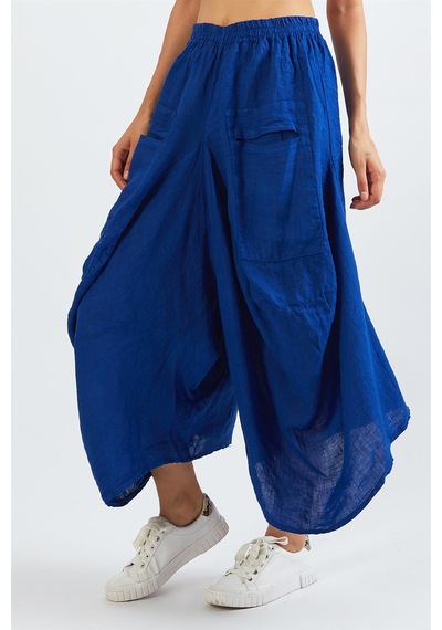 Bohem Stil İtalyan Cepli Keten Şalvar Pantolon Cmn00154 Mavi