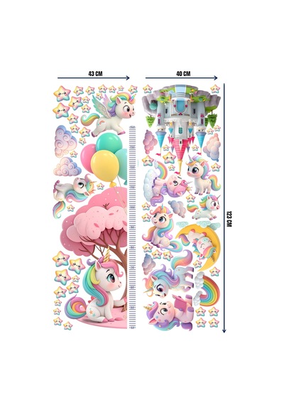 Unicorn Temalı Boy Ölçerli Duvar Sticker Seti - Çocuk Odası Duvar Dekoru, Mat Pvc, Sökülebilir, Boy Ölçer Sku: Smgstk8577edce94