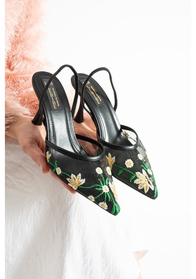 Lebibe Shoes Daısy Çiçek İşlemeli Tül Dokulu 7cm Bantlı Siyah Topuklu Ayakkabı