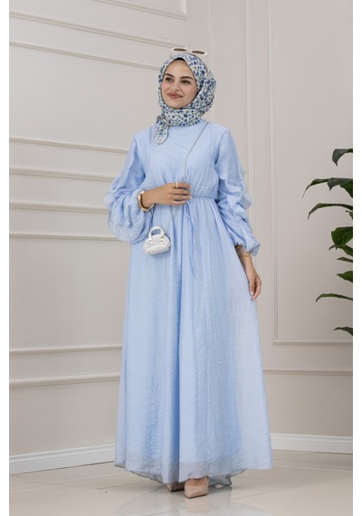 Sevitli Kolları Fırfır Detaylı Simay Elbise-bebe Mavi-5789
