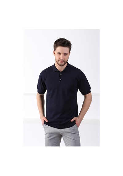 Ferraro Lacivert Polo Yaka Düz Renk Erkek Pamuk Triko T-Shirt-Lacivert