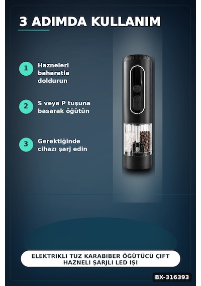 Elektrikli Tuz Karabiber Öğütücü Çift Hazneli Şarjlı Led Işıklı Mutfak Baharat Değirmeni Bx-316393 Çok Renkli