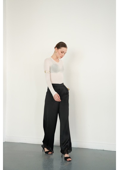 Verymoda Paçası Dantelli Saten Pantolon D2969 Siyah
