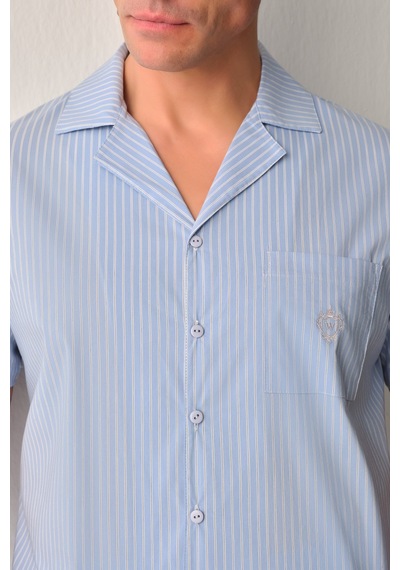 Suwen Walker Erkek Pamuklu Gömlek Yaka Erkek Pijama Takımı Sh26711660b1075 Mavi Çizgili