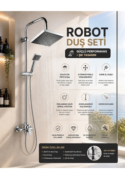 Premium Lüx Krom Robot Duş Seti Fonksiyonlu Paslanmaz Çelik Kaliteli Malzeme Yağmurlama Kare Tepe Duş Seti