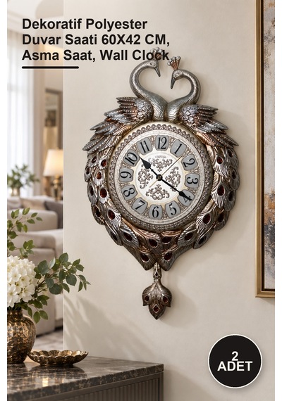 2 Adet Duvara Asmalı Tavuskuşu Saat Dekoratif Polyester Duvar Saati 60x42 Cm, Asma Saat, Wall Clock Diğer