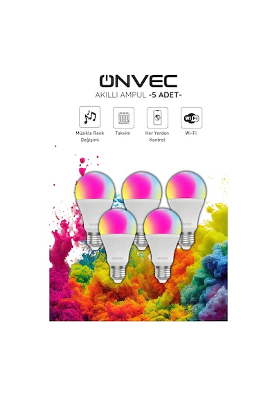 Onvec Wifi+Bluetooth Destekli 9w Rgb 5 Adet Akıllı Ampul Tuya Rgb