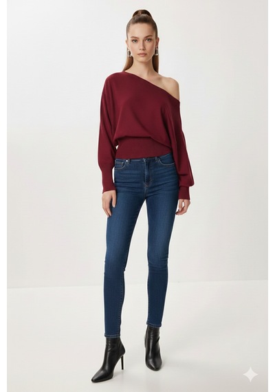 Fiolin Omuzu Açık Off Shoulder Triko Kazak Bordo