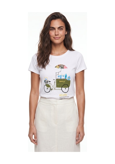 Onloox Beyaz Pamuklu Bisiklet Yaka Kısa Kollu Nakışlı Ve Bisiklet Baskılı Tasarım T-shirt Açık Bej - Beyaz