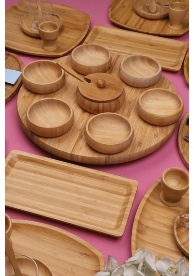 Atbyhome Natural Collection 6 Kişilik 50 Parça Seramik Ve Bambu Kahvaltı Takımı Lüks Kahvaltılık Sunum Seti Bambu
