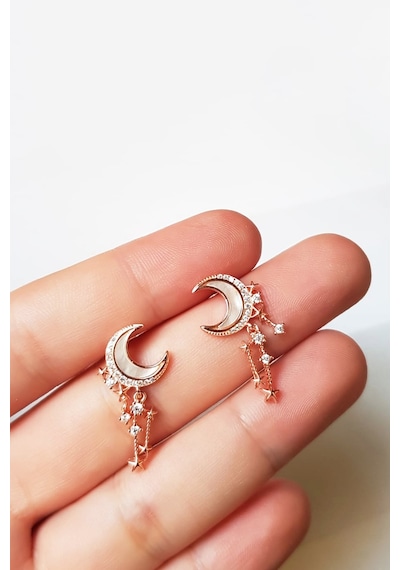 MorMajor Silver Tekli Ithal Sedefli Ay Uzun Figür Gümüş Küpe- Sol Taraf-5578