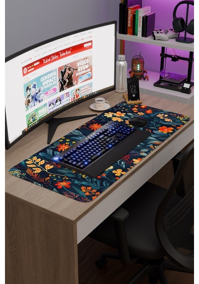Çiçek Desenleri Kaymaz Dikişli Kauçuk Oyuncu Mousepad V3 - 90x40 Xxl Gaming Mouse Pad Fare Altlığı