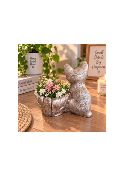 Dekoratif Kedi Figürlü Saksı Ve Düzenleyici Polyester 20 X 10 Cm Gümüş
